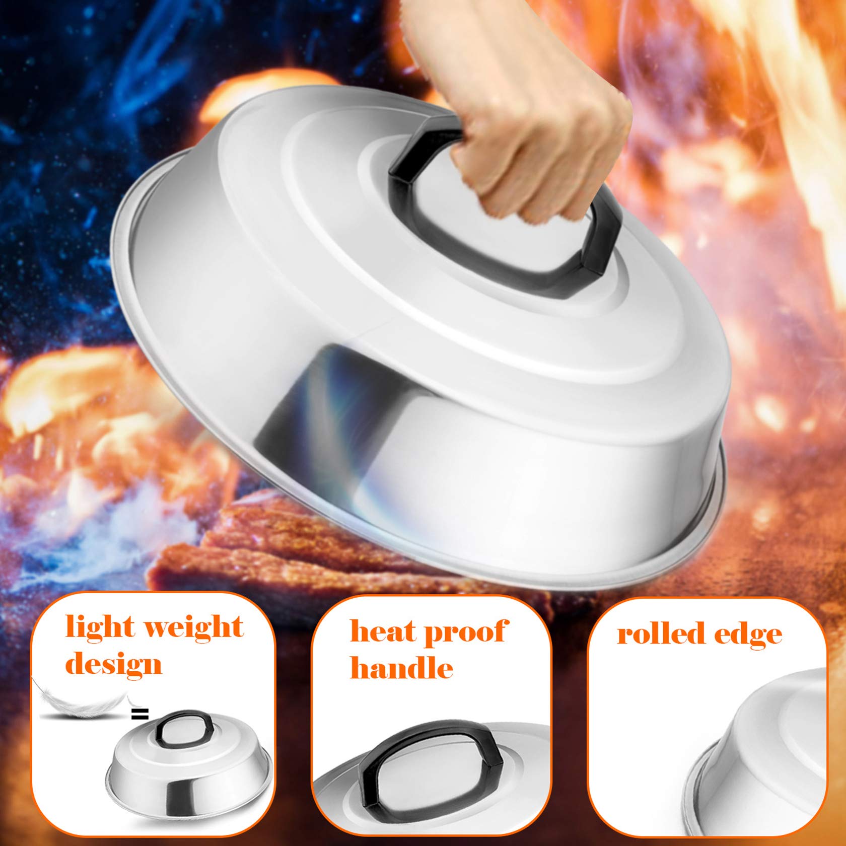 Cheese Melting Dome Set of 2  Leonyo 12'' Metal Steam Basting Cover for Griddle Grill  Stainless Steel Griddle Accessories for BBQ Flat Top Kitchen Cooking Hamburger  Dishwasher Safe  Heat Proof Handle